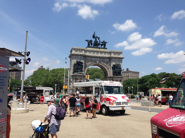Busy city street and public square